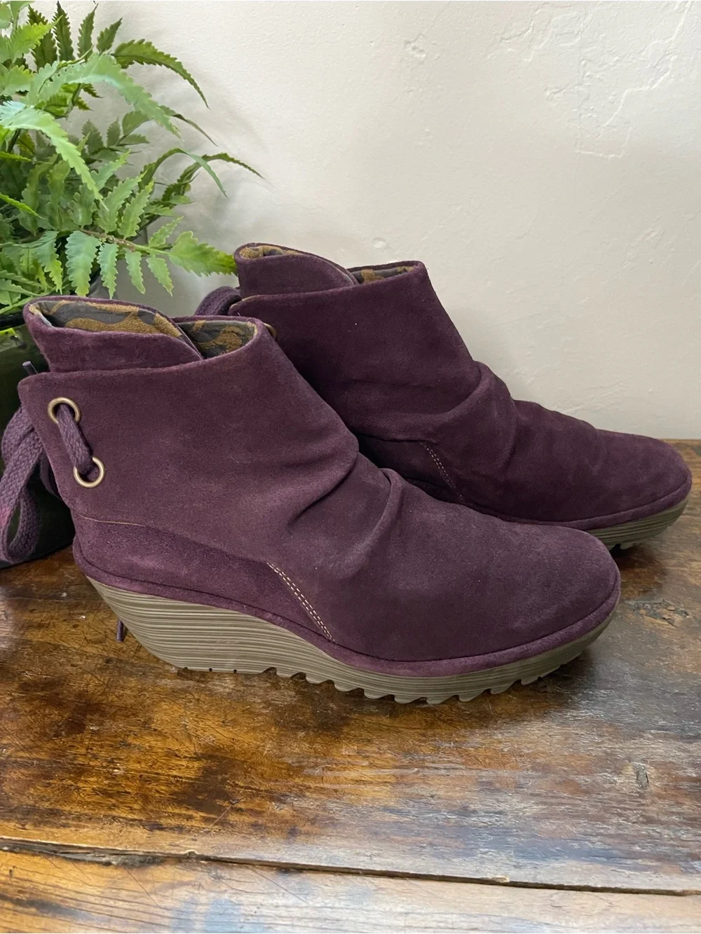 Fly London Rich Plum Suede Wedge Bootie EUC